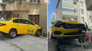 Şok Edici Kaza: Freni Tutmayan Taksi Duvarda Asılı Kaldı!