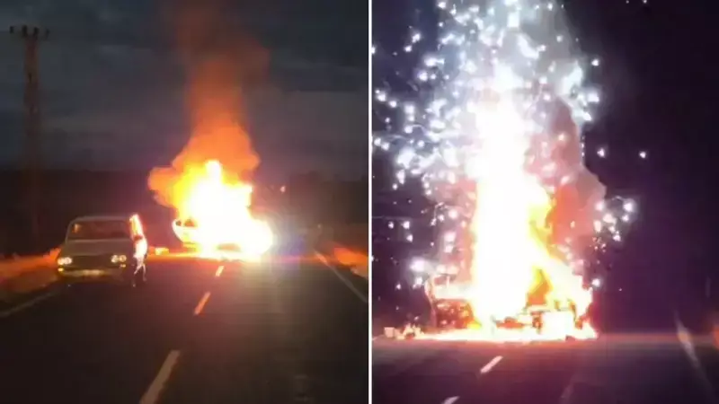 Hilvan'da Trafik Kazası Sonrası Otomobil Alev Aldı: Art Arda Patlamalar
