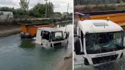 Adana'da hafriyat tırı sulama kanalına düştü, sürücü yara almadan kurtuldu