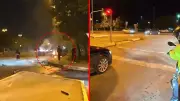 Maltepe'de feci kaza: Kavşaktan dönen araç ok gibi saplandı, otomobil alev topuna döndü