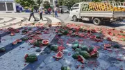 Satış izni verilmedi, karpuzları belediye önünde parçaladı