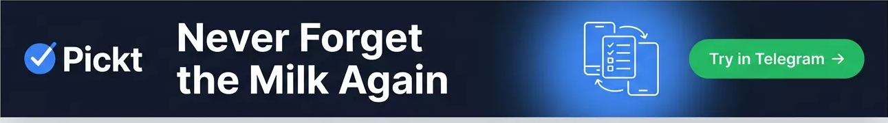 Pickt header afişi — Telegram için ortak alışveriş listesi uygulaması